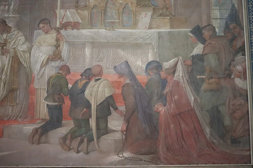 Vita di Giovanna d'Arco - Pittura murale all'interno della basilica Bois Chenu a Domrémy, la, Pucelle, dettaglio 1